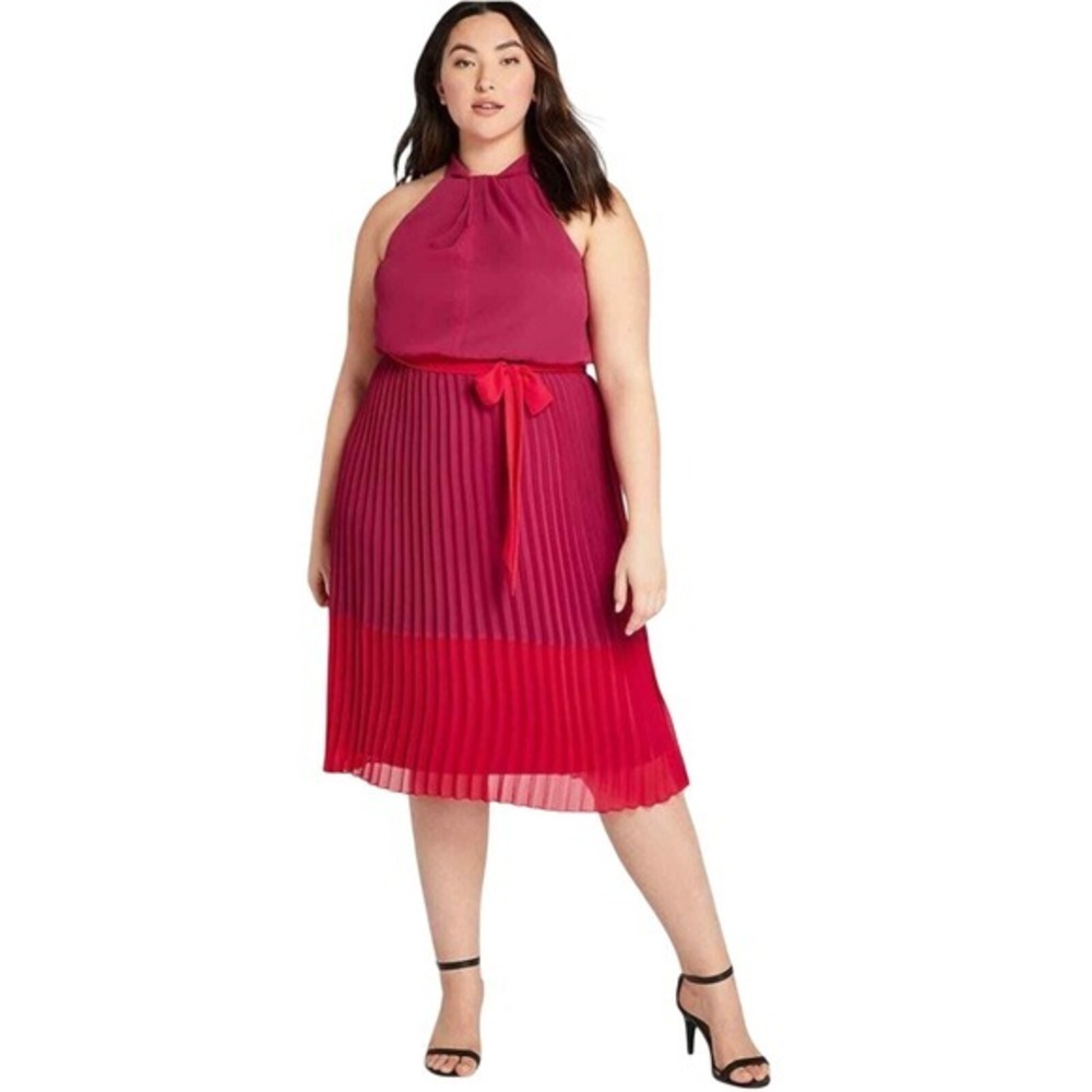 Sandra Darren 24W Red Pink Halter Pleated Belted Midi Dress Razzle Berry Plus 24